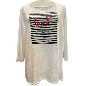 Chicos Large White 3/4 Sleeve Love Print Striped Womens Top T-shirt